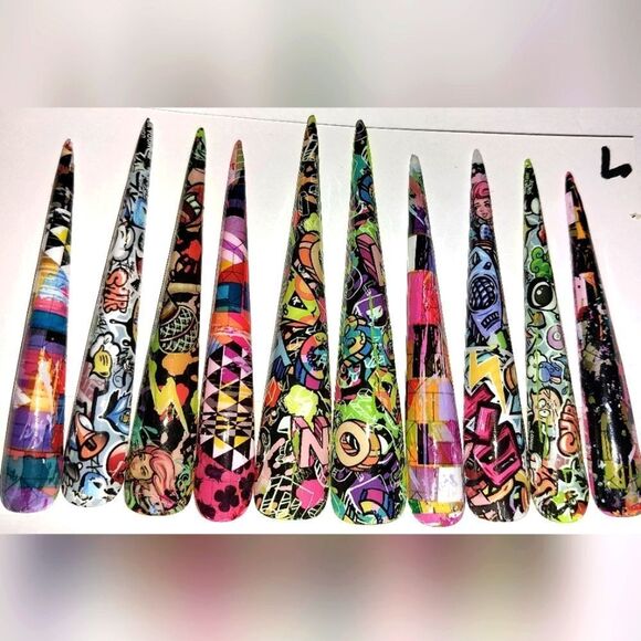 Hand crafted custom print 10pc 3xl acrylic press on nails sz Large - Picture 5 of 7